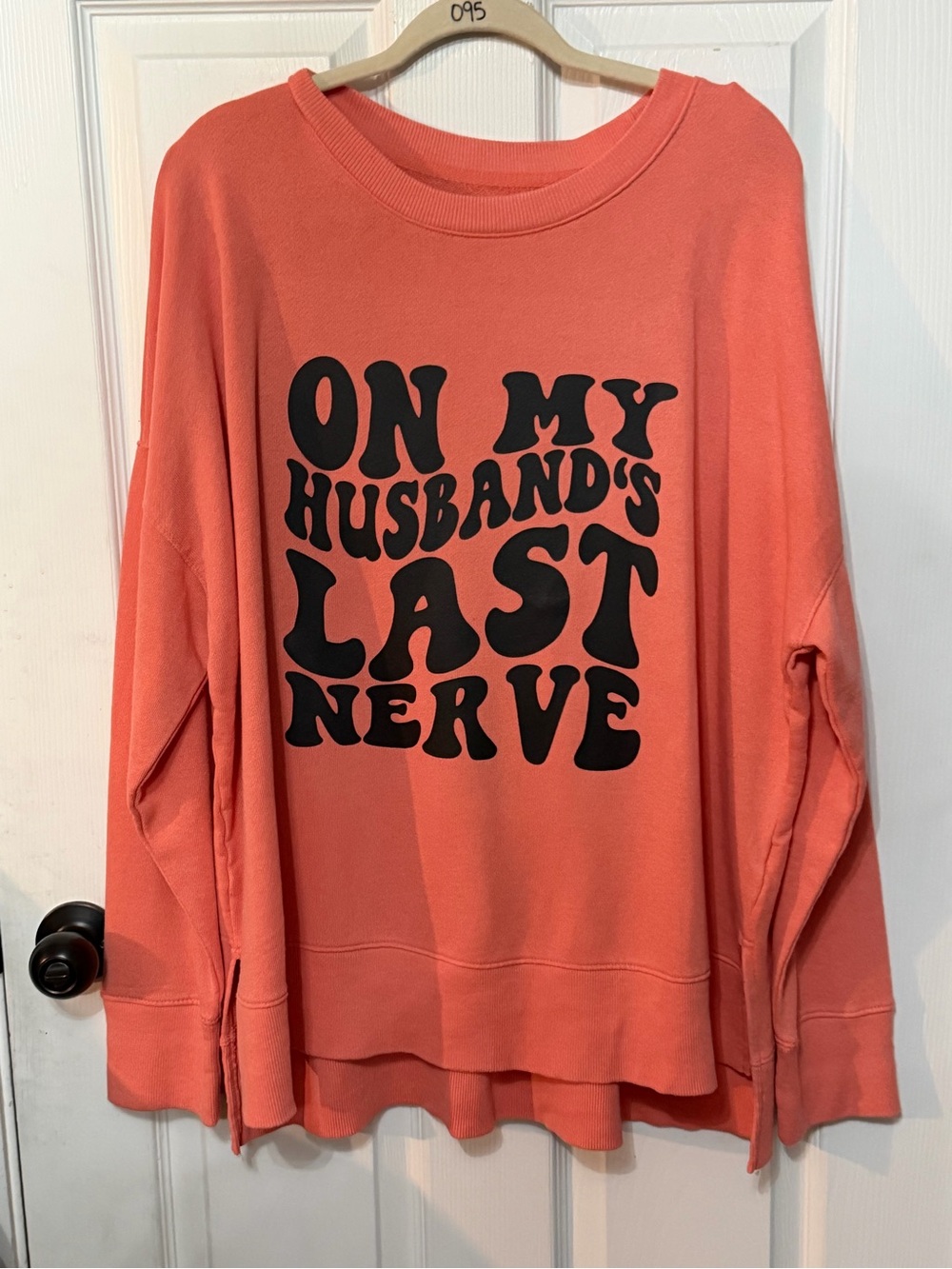 Time and Tru Coral Sweatshirt with Black Retro Text